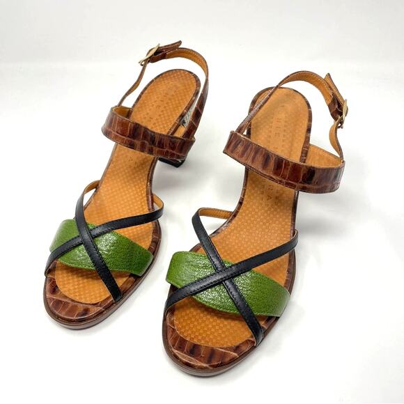Chie MiharaHeel Sandals Leather Strappy Brown Green B&W Checkered Heel 41 /11